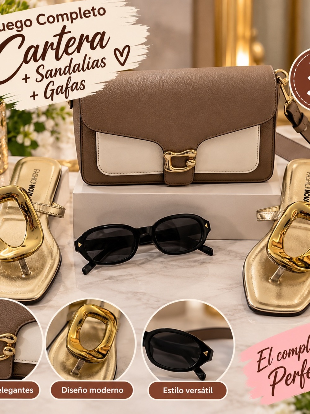 Taupe and Cream Crossbody Bag with Gold Accent - Chic Everyday Shoulder